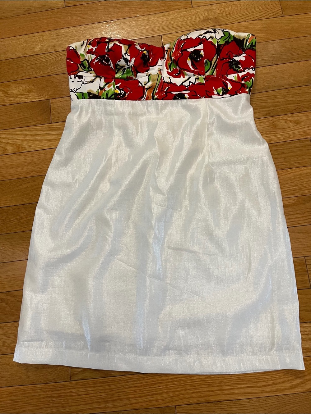 Strapless White Dress with Red Floral Bodice